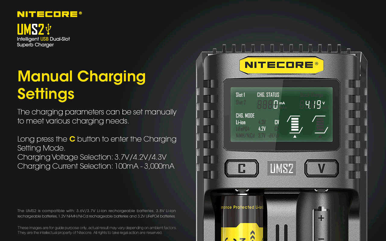 NITECORE UMS2 CHARGER - 3A (REAL-TIME LCD AND SMART DETECTION)