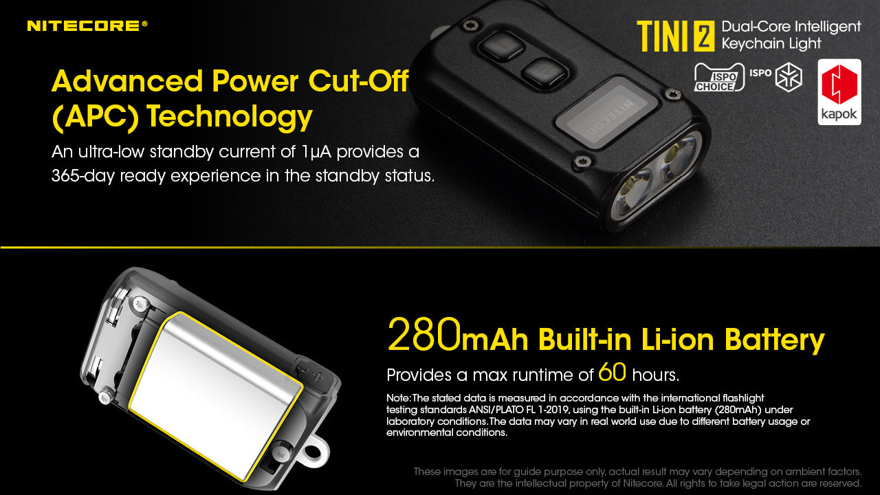 NITECORE TINI 2 (Black) - 500 LUMENS (BUILT-IN 280mAh LI-ION RECHARGEABLE BATTERY)