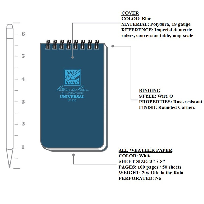 RITE IN THE RAIN TOP SPIRAL NOTEBOOK 3" X 5" - BLUE (235)