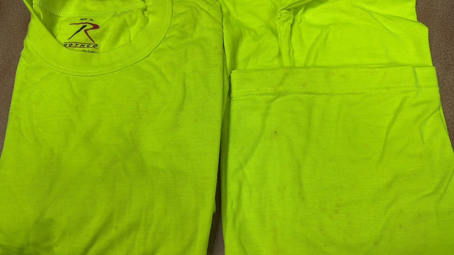 ROTHCO 100% COTTON T-SHIRT - SAFETY GREEN (OLD STOCK CLEARANCE, BROWN SPOTS ON ENTIRE BATCH)