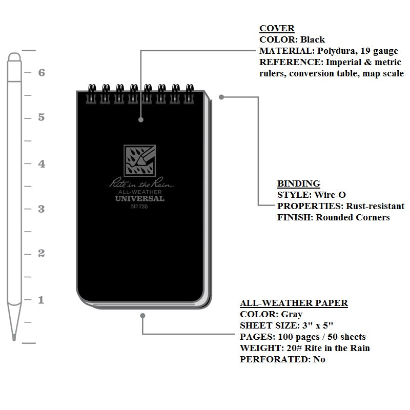RITE IN THE RAIN TOP SPIRAL NOTEBOOK 3" X 5" - BLACK (735)