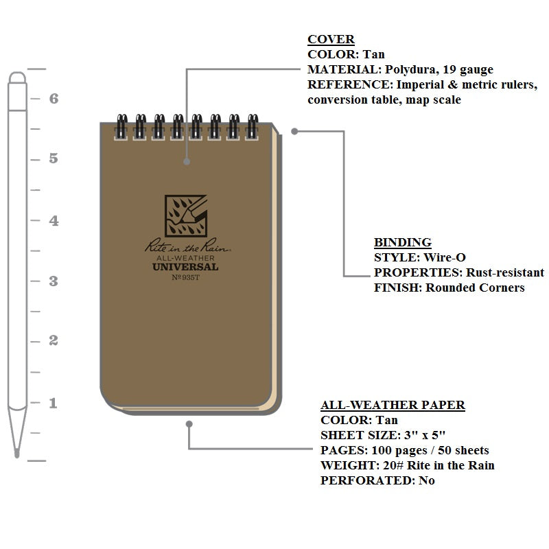 RITE IN THE RAIN TOP SPIRAL NOTEBOOK 3" X 5" - TAN (935T)