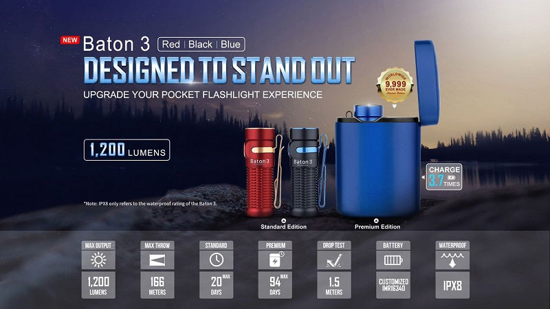 OLIGHT BATON 3 RECHARGEABLE LED FLASHLIGHT - 1200 LUMENS - LUMINUS SST40 - INCLUDES 1 X RCR123A - BLACK