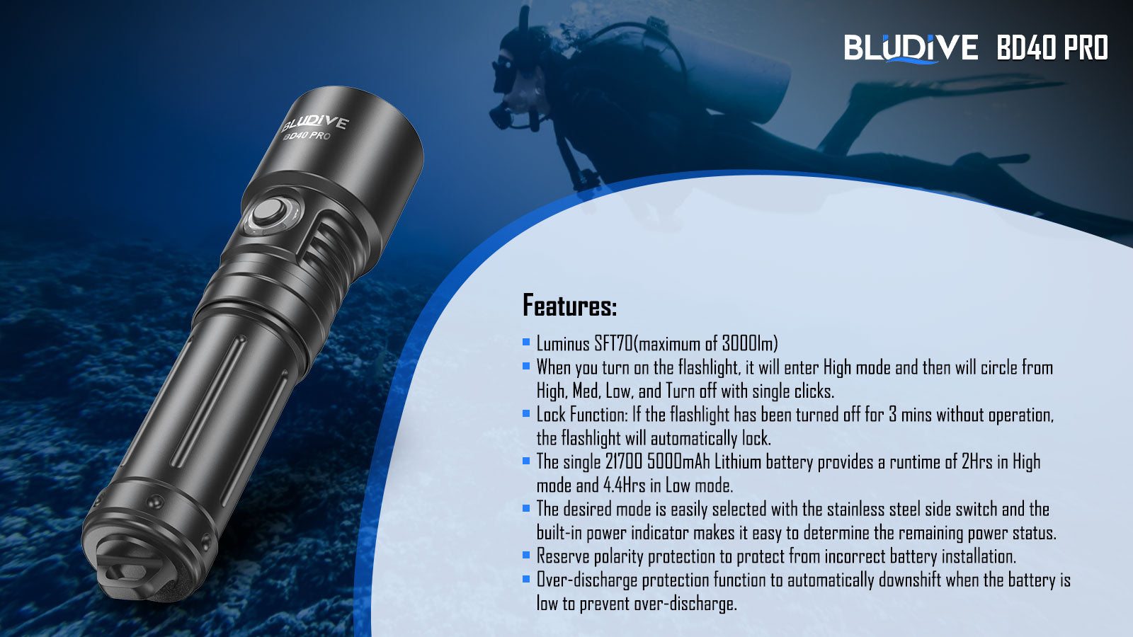 BLUDIVE BD40 PRO 3000 LUMENS DIVE TORCH 150M UNDERWATER, 1 x 21700 BATTERY (BLACK)