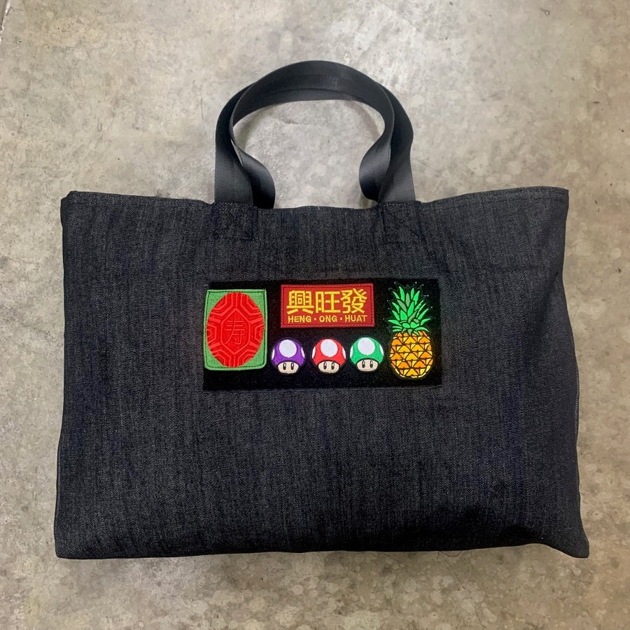 DENIM TOTE BAG WITH LARGE LOOP SIDE VELCRO PANEL