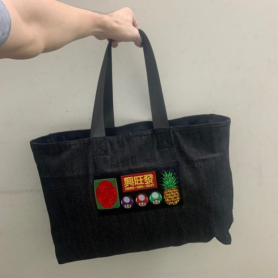 DENIM TOTE BAG WITH LARGE LOOP SIDE VELCRO PANEL