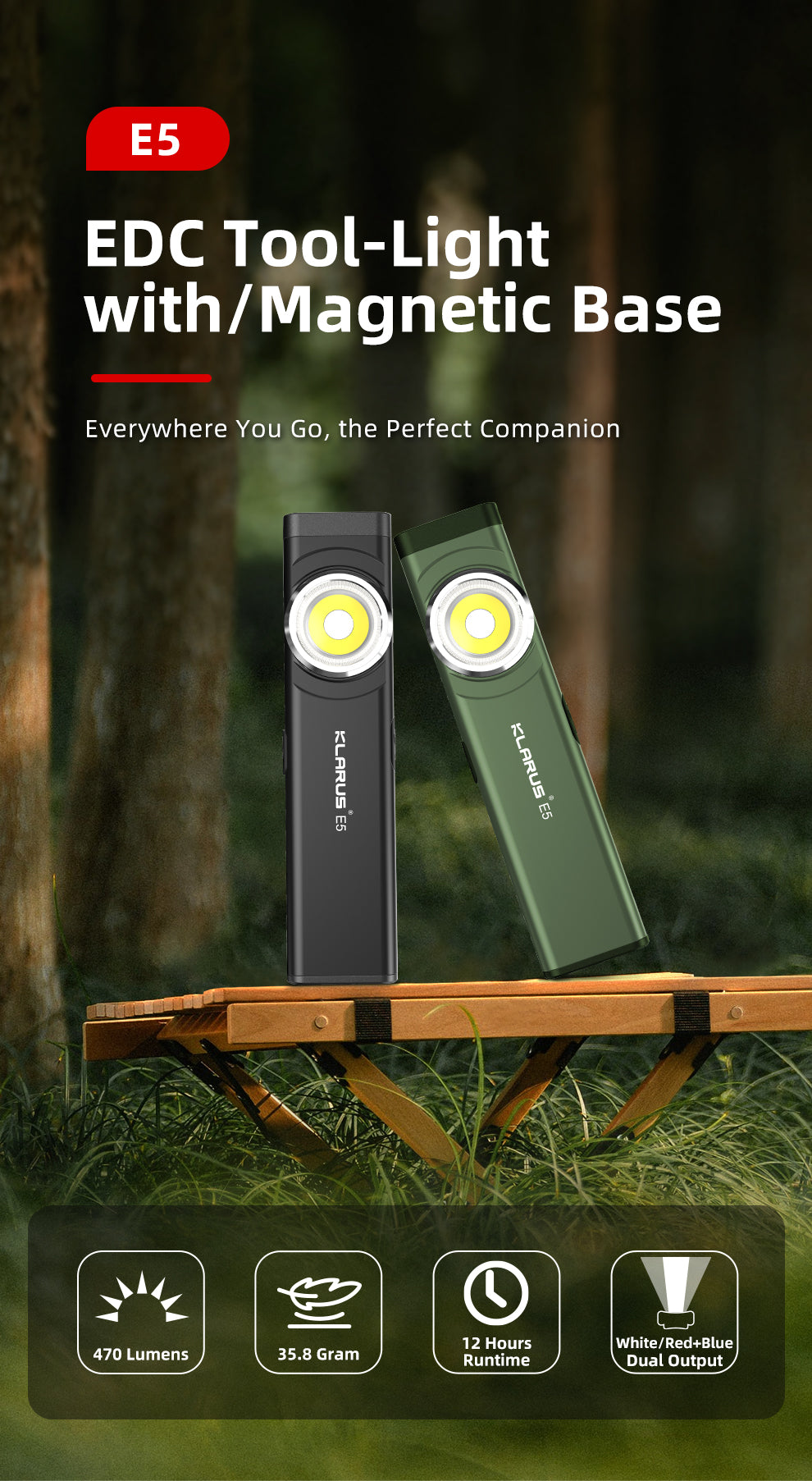 KLARUS E5 MAGNETIC BASE AND DUAL LIGHT SOURCE EDC FLASHLIGHT - 470 LUMENS