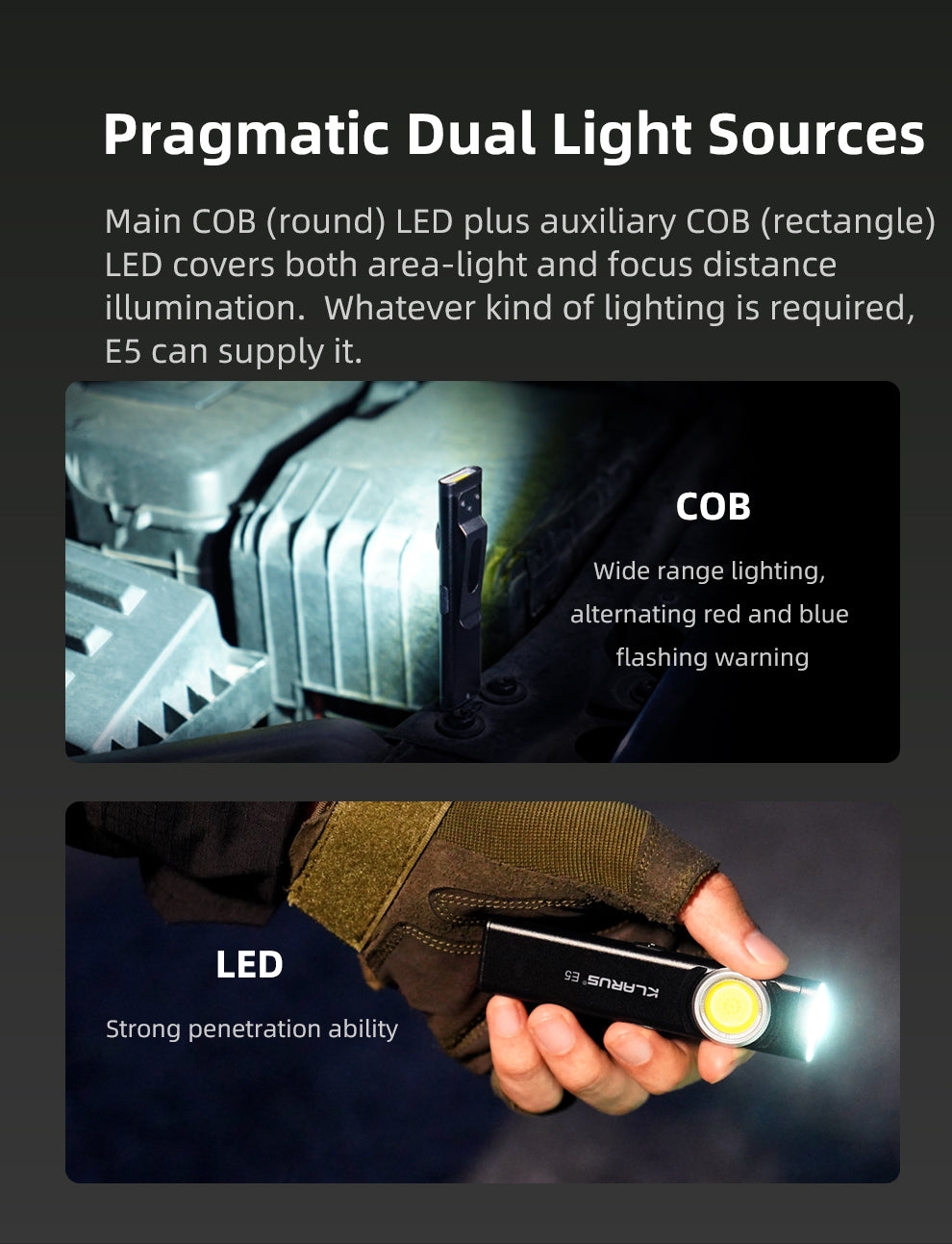 KLARUS E5 MAGNETIC BASE AND DUAL LIGHT SOURCE EDC FLASHLIGHT - 470 LUMENS