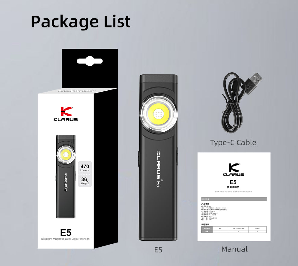 KLARUS E5 MAGNETIC BASE AND DUAL LIGHT SOURCE EDC FLASHLIGHT - 470 LUMENS
