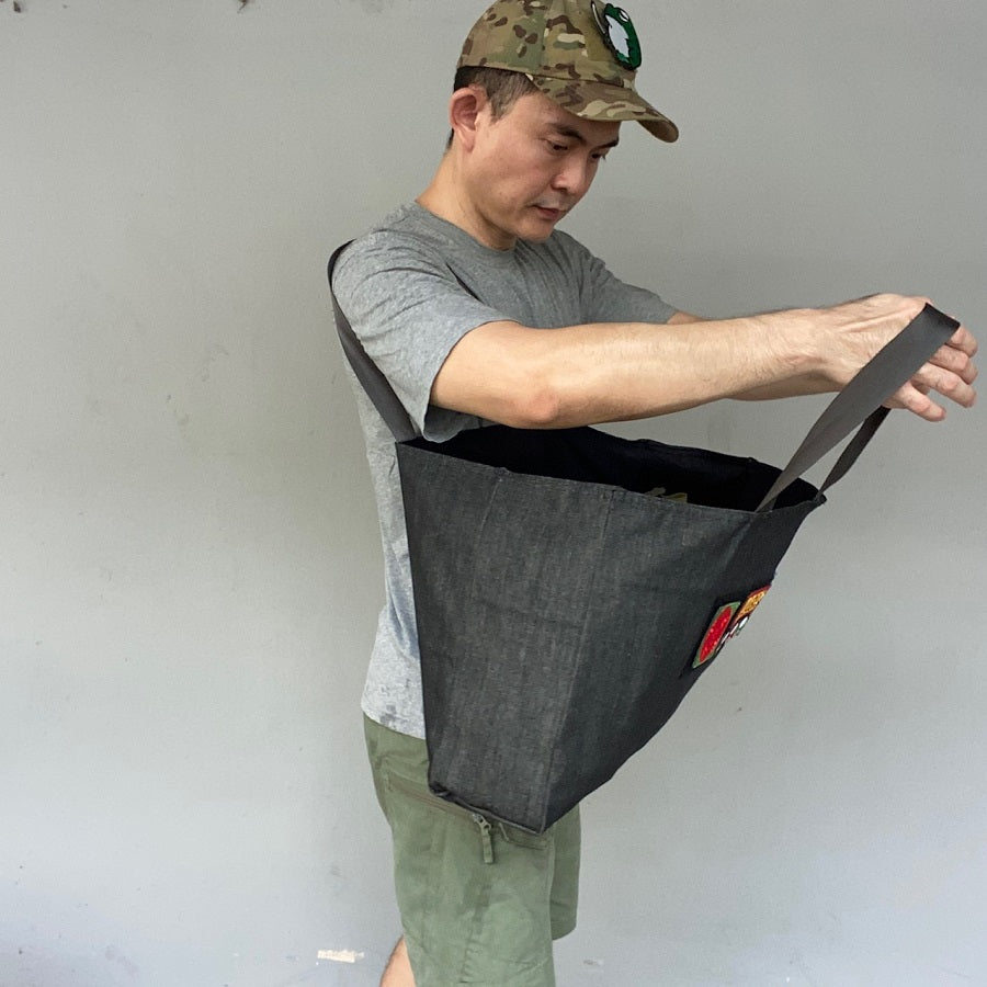 DENIM TOTE BAG WITH LARGE LOOP SIDE VELCRO PANEL