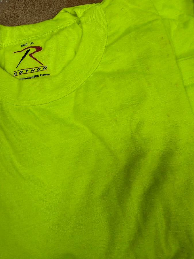 ROTHCO 100% COTTON T-SHIRT - SAFETY GREEN (OLD STOCK CLEARANCE, BROWN SPOTS ON ENTIRE BATCH)