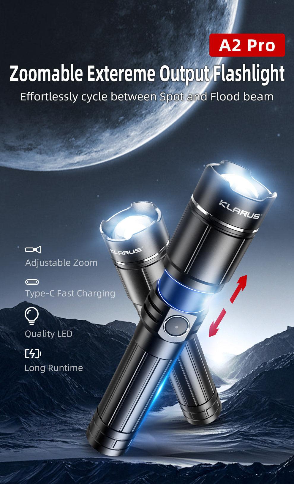 KLARUS ADJUSTABLE ZOOMABLE TACTICAL FLASHLIGHT A2 PRO - 1450 LUMENS (4000MAH 21700 BATTERY INCLUDED)