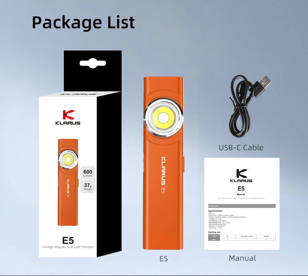 KLARUS E5 MAGNETIC BASE AND DUAL LIGHT SOURCE EDC FLASHLIGHT - 600 LUMENS (NEW COLORS)