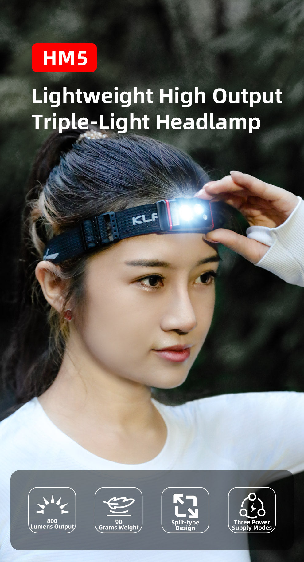 KLARUS HM5 ULTRA THIN LIGHTWEIGHT TRAIL RUNNING HEADLAMP - 800 LUMENS (1200mAh RECHARGEABLE BATTERY)