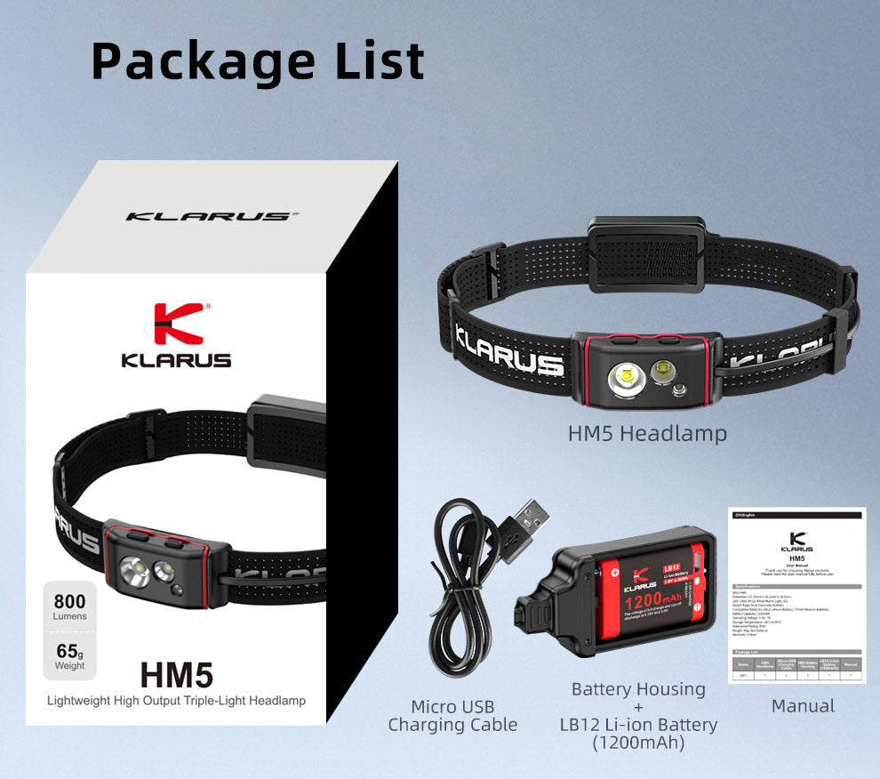 KLARUS HM5 ULTRA THIN LIGHTWEIGHT TRAIL RUNNING HEADLAMP - 800 LUMENS (1200mAh RECHARGEABLE BATTERY)