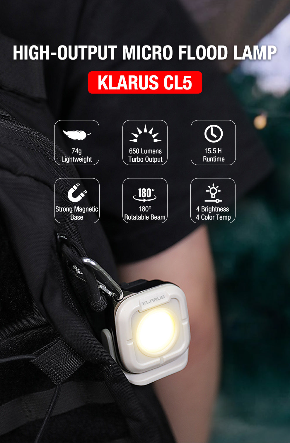 KLARUS CL5 MINI PORTABLE CAMPING LIGHT 650 LUMENS, 1200mAh BUILT-IN BATTERY