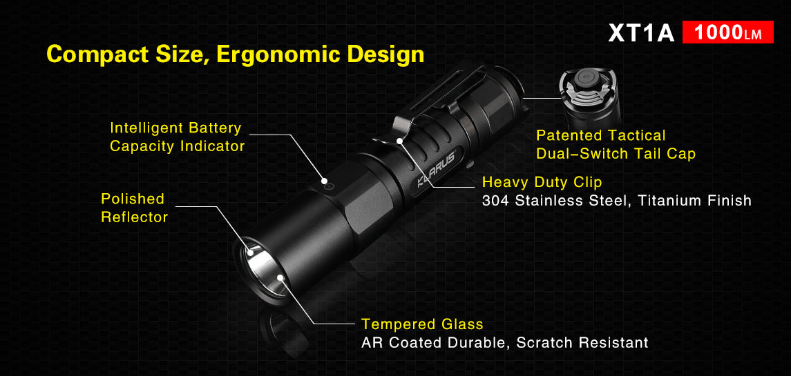 KLARUS XT1A TACTICAL EDC FLASHLIGHT - CREE XP-L HD V6 LED - 1000 LUMENS (USES 1 X 14500 (INCLUDED) OR 1 X AA)