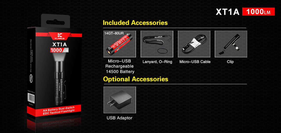 KLARUS XT1A TACTICAL EDC FLASHLIGHT - CREE XP-L HD V6 LED - 1000 LUMENS (USES 1 X 14500 (INCLUDED) OR 1 X AA)