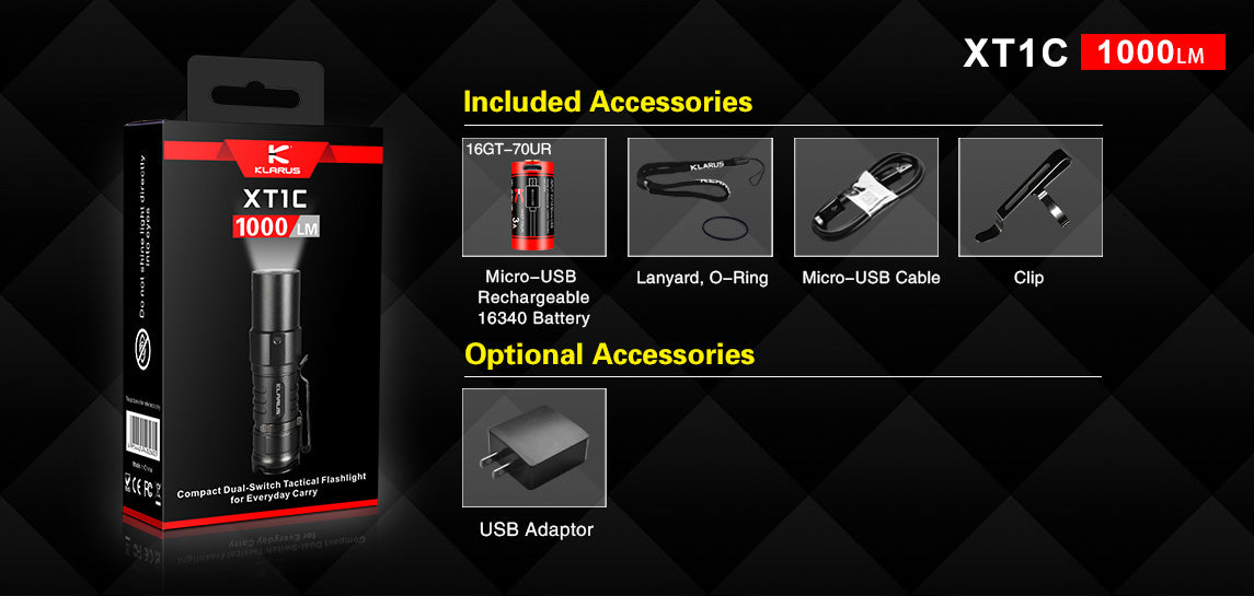 KLARUS XT1C CREE XP-L HD V6 LED - 1000 LUMENS (USES 1 X 16340 (INCLUDED) OR 1 X CR123A)