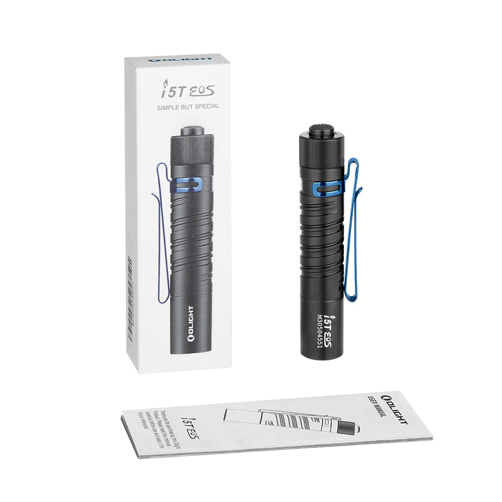 OLIGHT I5T EOS EDC FLASHLIGHT (1 X AA BATTERY INCLUDED) - 300 LUMENS - BLACK WITH BLUE POCKET CLIP