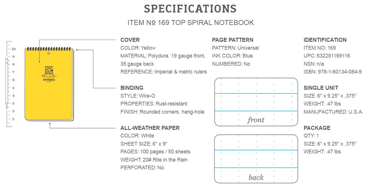 RITE IN THE RAIN TOP SPIRAL NOTEBOOK 6" X 9" - YELLOW (169)