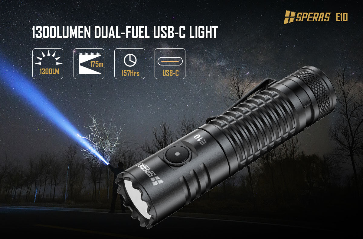 SPERAS E10 OUTDOOR CAMPING EDC TYPE-C FLASHLIGHT 1300 LUMENS 175M THROW, 1 x 18650 (BLACK)