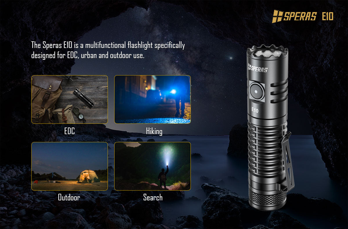 SPERAS E10 OUTDOOR CAMPING EDC TYPE-C FLASHLIGHT 1300 LUMENS 175M THROW, 1 x 18650 (BLACK)