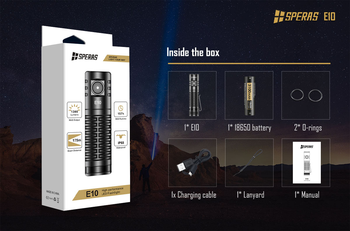SPERAS E10 OUTDOOR CAMPING EDC TYPE-C FLASHLIGHT 1300 LUMENS 175M THROW, 1 x 18650 (BLACK)