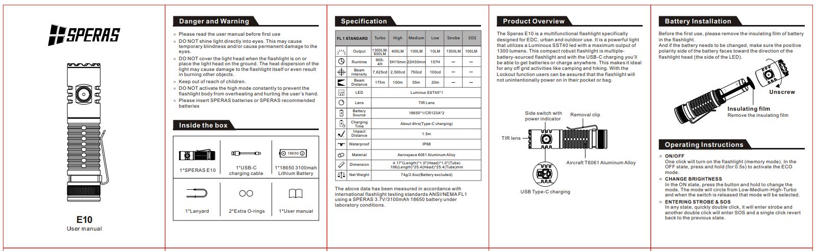 SPERAS E10 OUTDOOR CAMPING EDC TYPE-C FLASHLIGHT 1300 LUMENS 175M THROW, 1 x 18650 (BLACK)