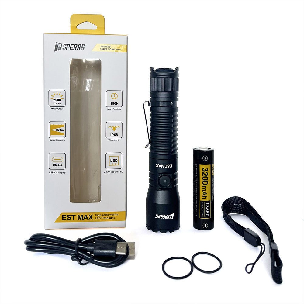 SPERAS EST MAX PROFESSIONAL TACTICAL POLICE FLASHLIGHT 2500 LUMENS, 1 x 18650 (BLACK)