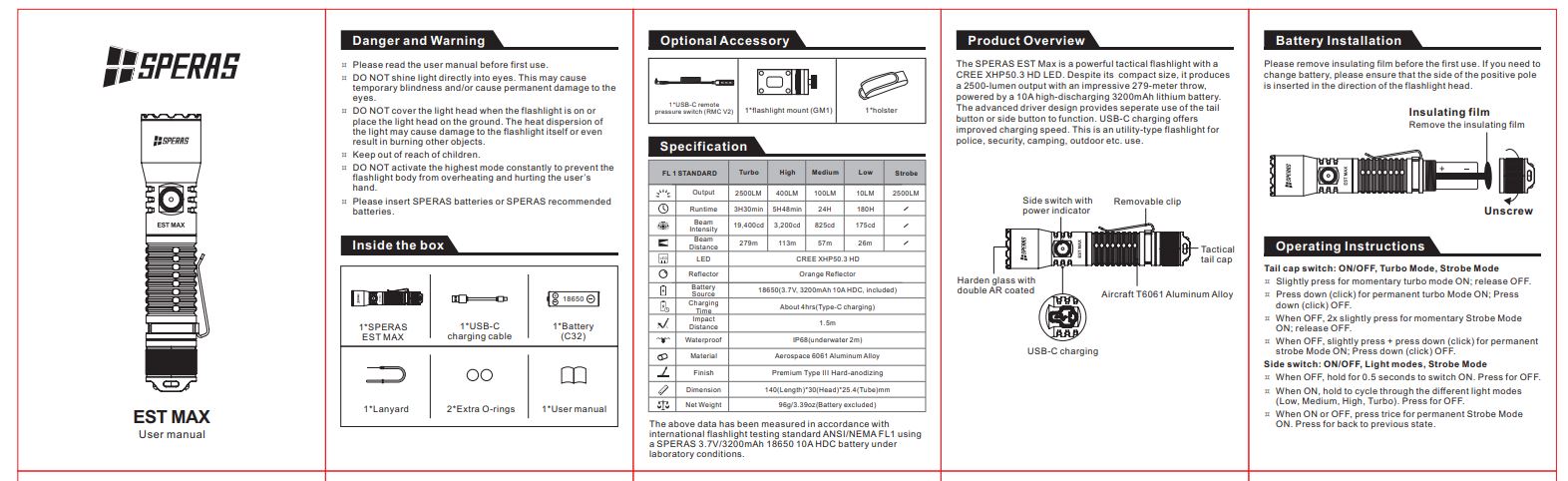 SPERAS EST MAX PROFESSIONAL TACTICAL POLICE FLASHLIGHT 2500 LUMENS, 1 x 18650 (BLACK)