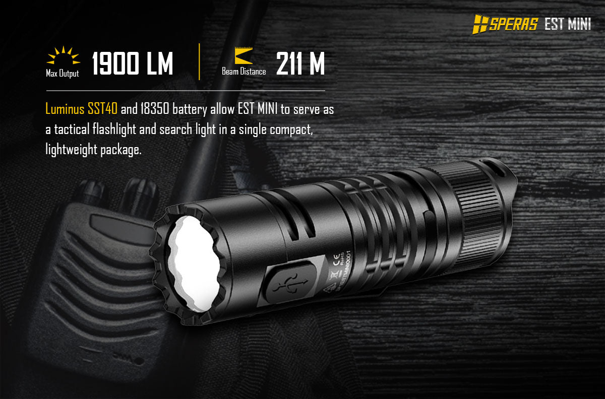 SPERAS EST MINI, USB-C RECHARGEABLE TACTICAL FLASHLIGHT 1900 LUMENS, 1 x 18350 (BLACK)