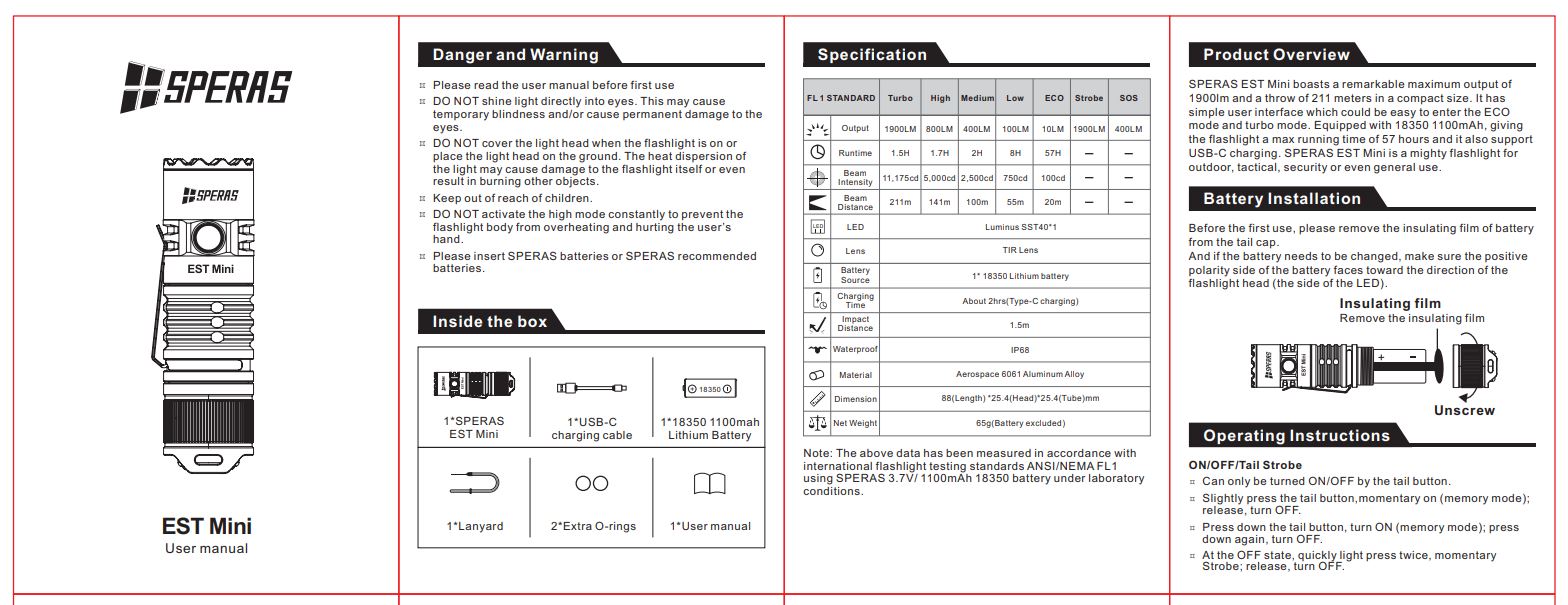 SPERAS EST MINI, USB-C RECHARGEABLE TACTICAL FLASHLIGHT 1900 LUMENS, 1 x 18350 (BLACK)