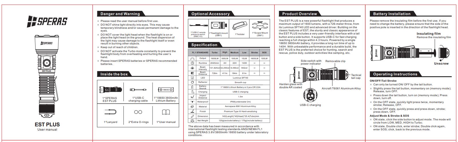 SPERAS EST PLUS, PROFESSIONAL TACTICAL POLICE FLASHLIGHT 1600 LUMENS, 1 x 18650 (BLACK)