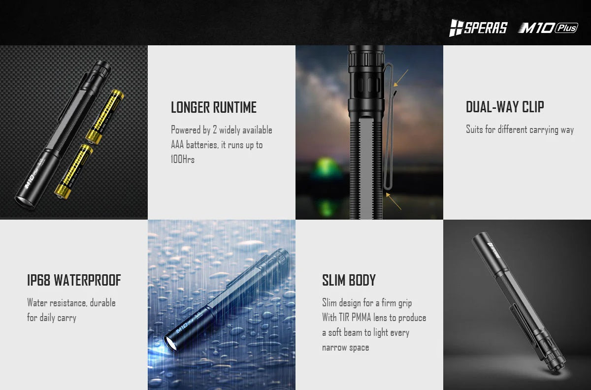 SPERAS M10 PLUS SMALL EDC FLASHLIGHT 200 LUMENS, 2 x AAA, 4000K CRI>95 (BLACK)