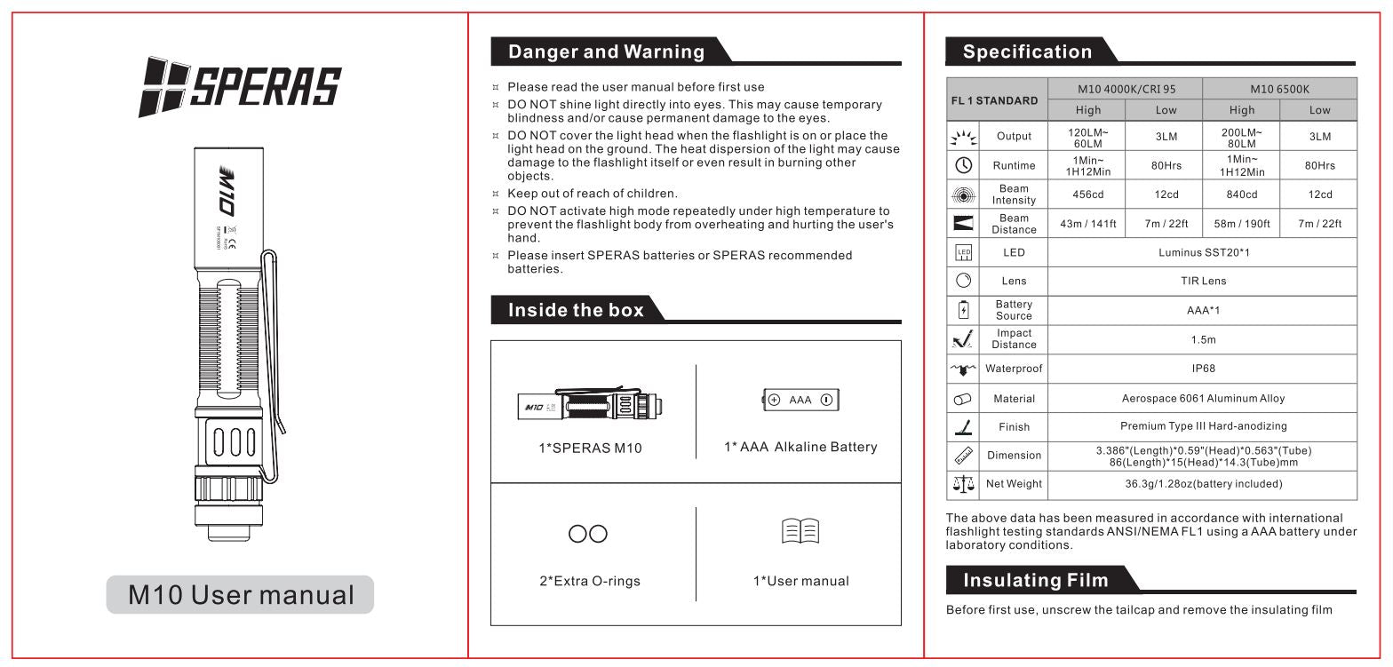 SPERAS M10 SMALL EDC FLASHLIGHT 200 LUMENS, 1 x AAA, 6500K (BLACK)