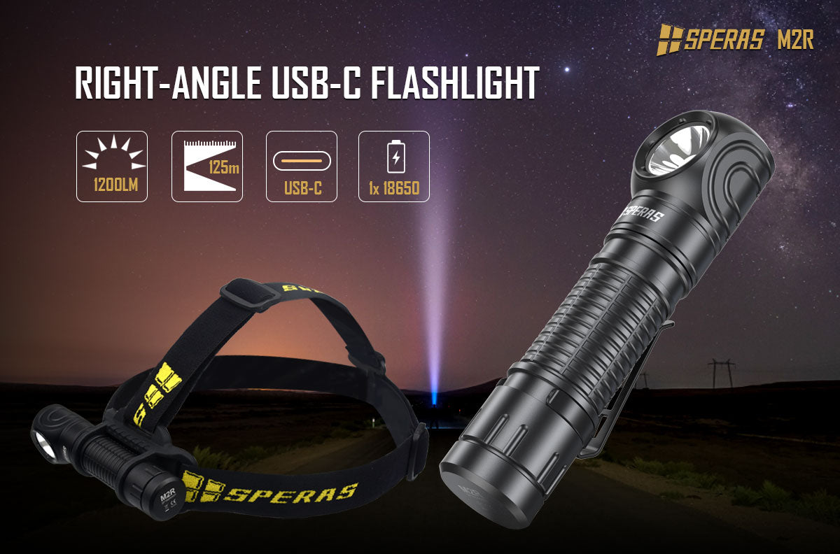 SPERAS M2R RIGHT-ANGLE FLASHLIGHT TYPE-C CHARGING MAGNET TAIL HEADLAMP 1200 LUMENS, 1 x 18650 (BLACK)