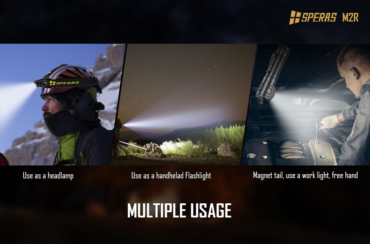 SPERAS M2R RIGHT-ANGLE FLASHLIGHT TYPE-C CHARGING MAGNET TAIL HEADLAMP 1200 LUMENS, 1 x 18650 (BLACK)