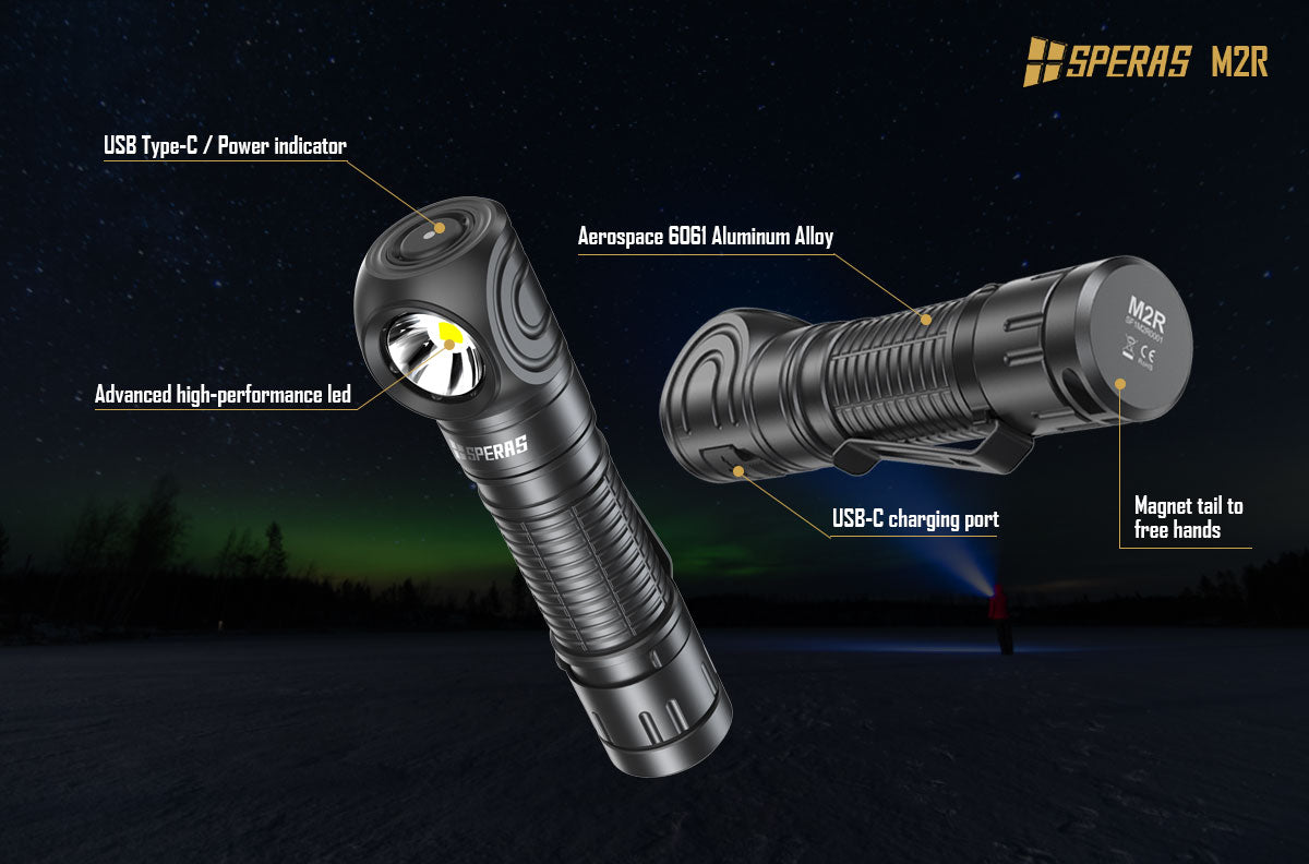 SPERAS M2R RIGHT-ANGLE FLASHLIGHT TYPE-C CHARGING MAGNET TAIL HEADLAMP 1200 LUMENS, 1 x 18650 (BLACK)