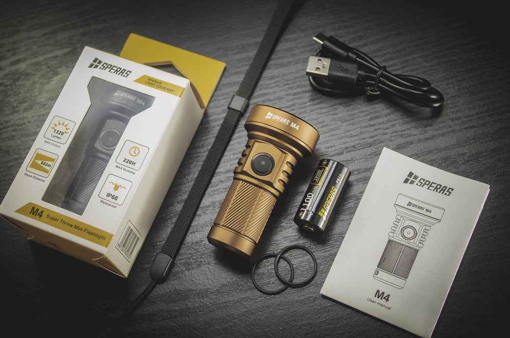 SPERAS M4 MINI RECHARGEABLE FLASHLIGHT 1320 LUMENS 652M THROW, 1 x 18350 BATTERY