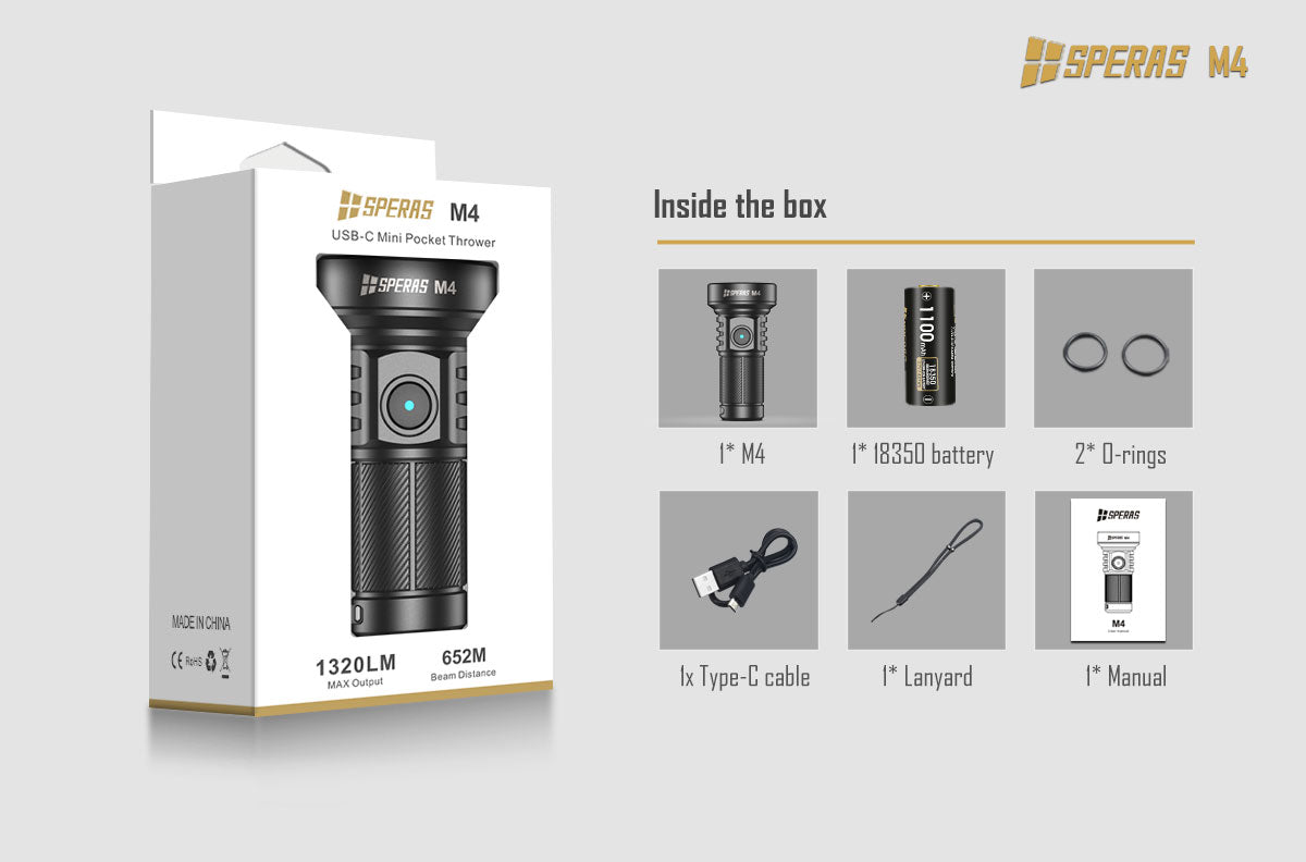 SPERAS M4 MINI RECHARGEABLE FLASHLIGHT 1320 LUMENS 652M THROW, 1 x 18350 BATTERY