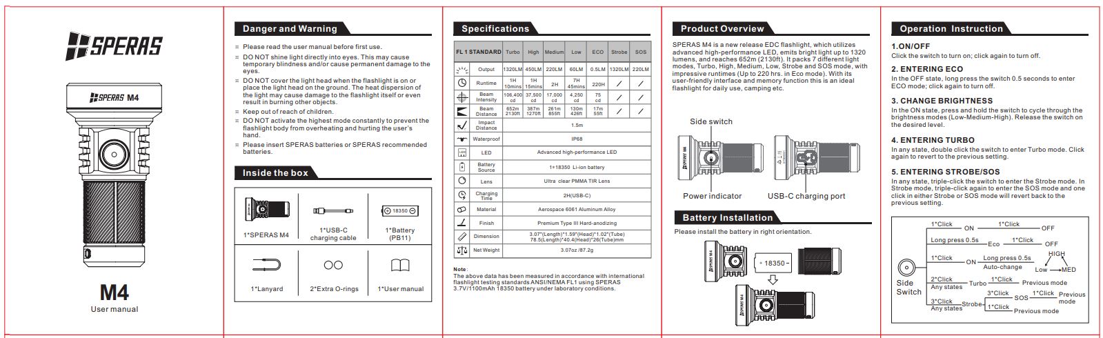 SPERAS M4 MINI RECHARGEABLE FLASHLIGHT 1320 LUMENS 652M THROW, 1 x 18350 BATTERY