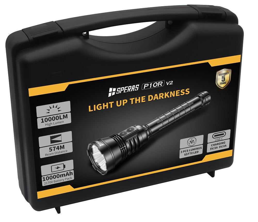 SPERAS P10R V2 TYPE-C RECHARGEABLE LED FLASHLIGHT 10000 LUMENS 574M, 1 x 10000mAh 21700 BATTERY PACK