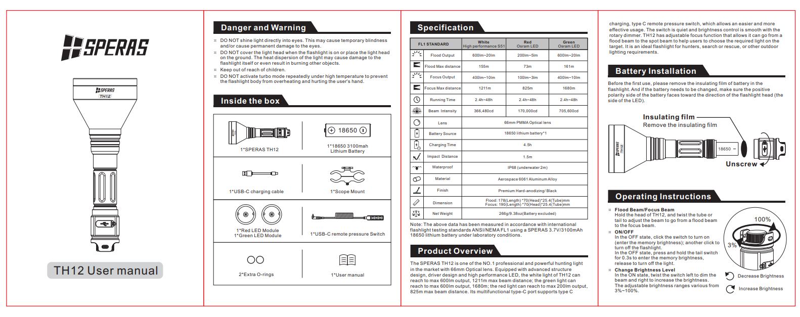 SPERAS TH12K PROFESSIONAL POWERFUL HUNTING FLASHLIGHT, THROW 1680 METERS, 600 LUMENS, 1 X 18650 (BLACK)