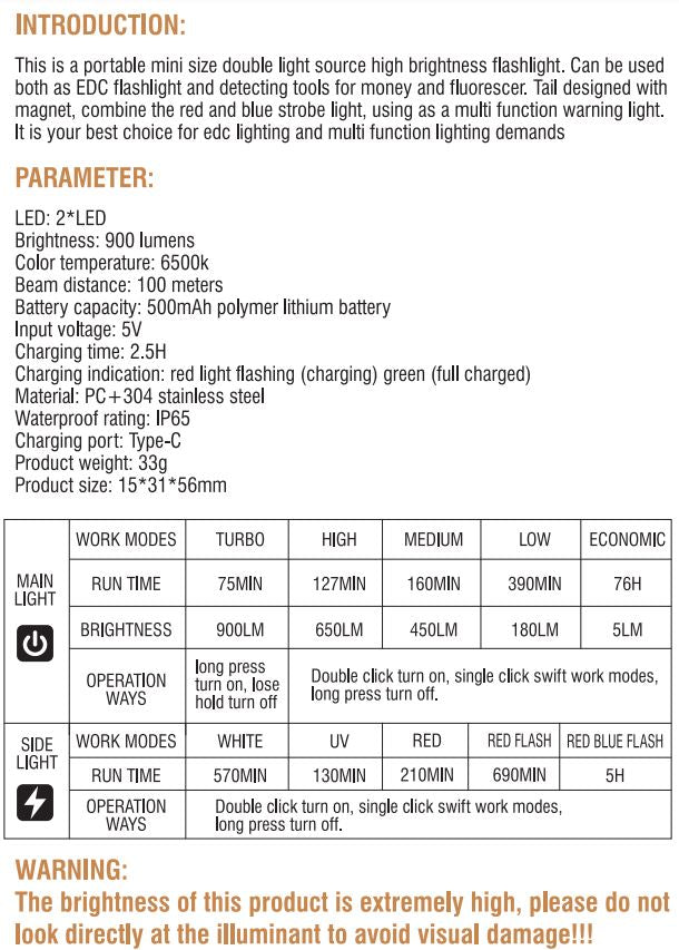 SPERAS V3 KEYCHAIN UV EDC FLASHLIGHTS - 900 LUMENS