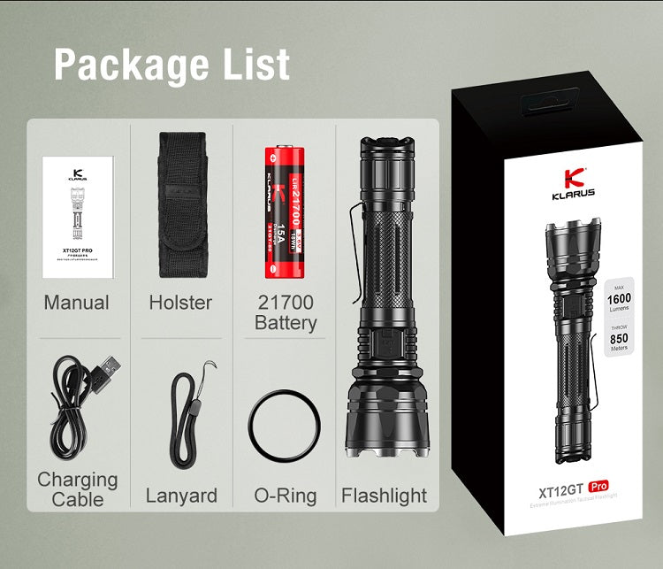 KLARUS XT12GT-PRO USB-C RECHARGEABLE LED FLASHLIGHT - INCLUDES 1 X 21700 - 1600 LUMENS