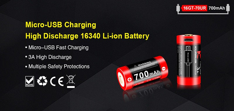 KLARUS 16GT-70UR 16340 BATTERY WITH MICRO-USB RECHARGING PORT