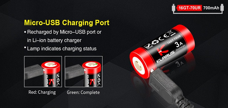 KLARUS 16GT-70UR 16340 BATTERY WITH MICRO-USB RECHARGING PORT