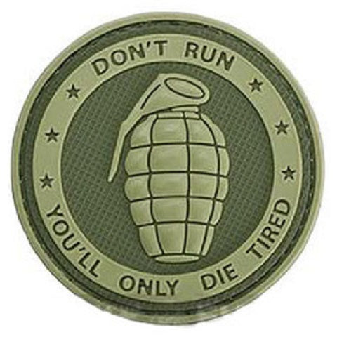 DON'T RUN YOU'LL ONLY DIE TIRED GRENADE PVC PATCH - GREEN
