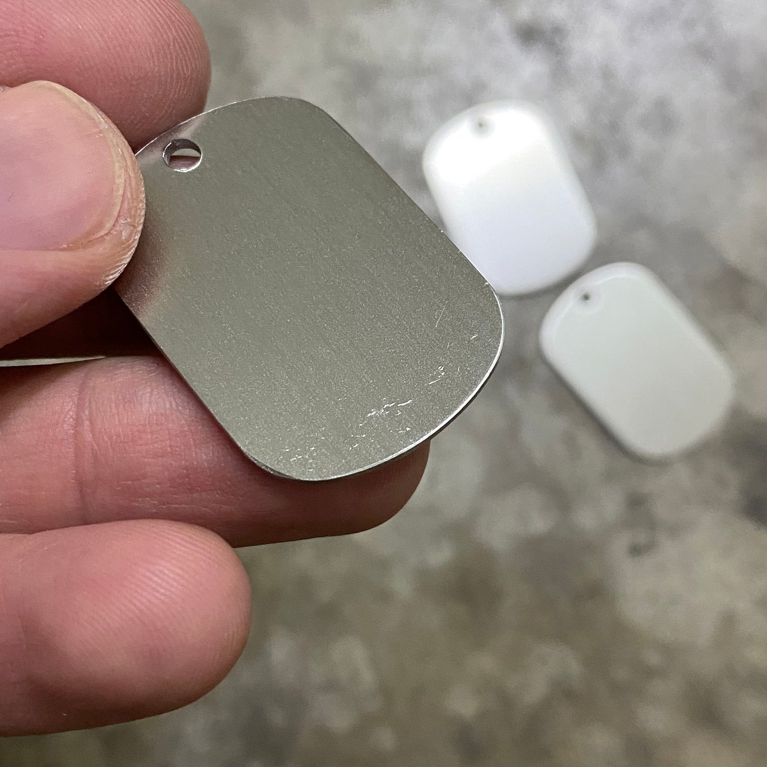 MINI MILITARY DOG TAG (BRUSHED STAINLESS STEEL, CLEARING AT LOWER PRICE DUE TO RANDOM SCRATCHES ON THE ENTIRE BATCH)
